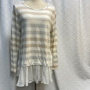 Cha Cha Vente size large Beige and White shimmer Striped Long Sleeve lace ruffle